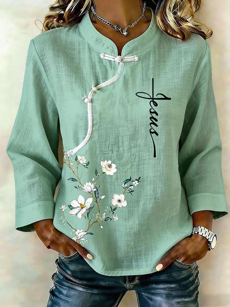 Women'S Cotton And Linen Floral Print Top