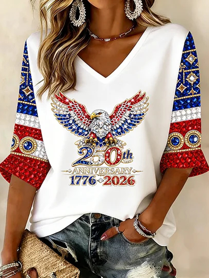 Ladies' Casual American 250Th Anniversary Celebration V-Neck Half Sleeved T-Shirt