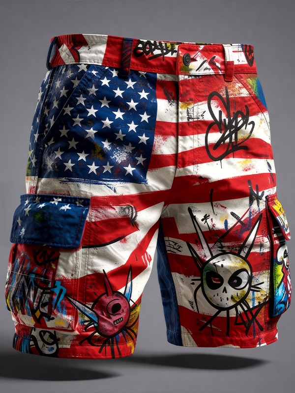 Men's Independence Day American Flag Fun Graffiti Art Print Casual Shorts