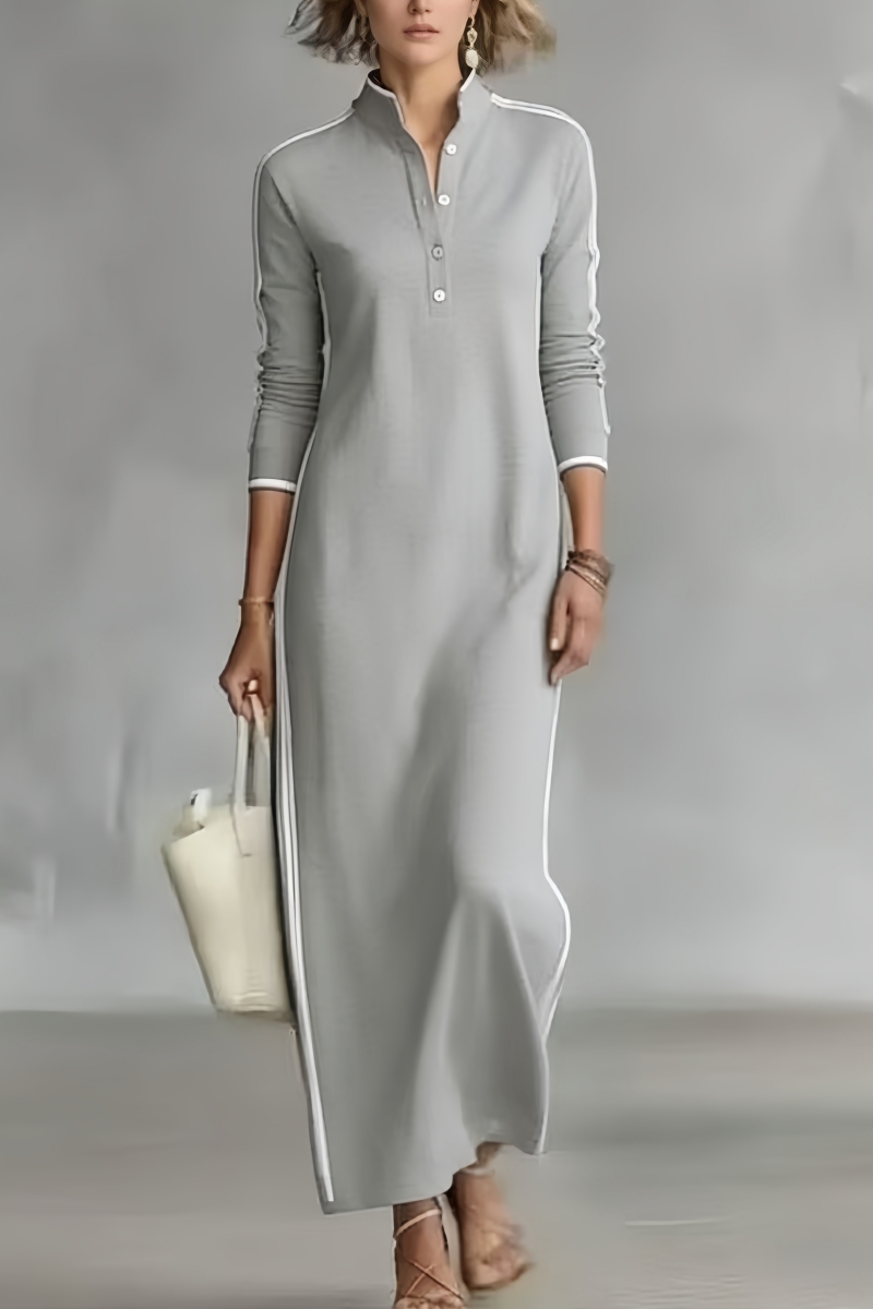 Women's Minimalist White-trimmed Button-down Collar Sweatshirt Dress Maxi Dress