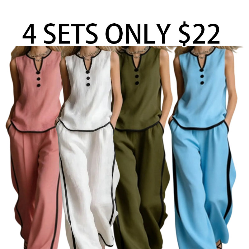 Women's Contrast Trim V-Neck Lounge Set - Sleeveless Wide Leg Pants Outfit - Mother's Day Gift