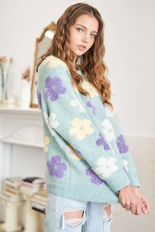 Full Size Floral Popped 2-Tone Sweater Top Plus Size