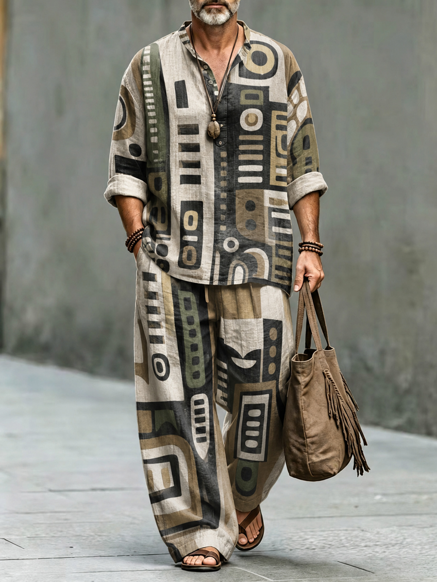 Men's Retro Abstract Geometric Art Print Casual Vacation Set