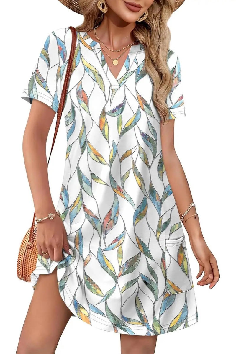 Casual Summer V Neck Wedding Guest Dress Short Sleeve Fashion Beach Vacation Clothes