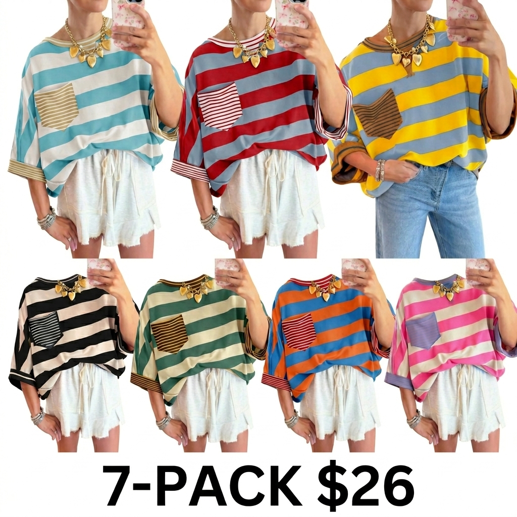 Women's Striped Drop Shoulder Cotton T-Shirt – Loose Fit Half Sleeve Pocket Blouse