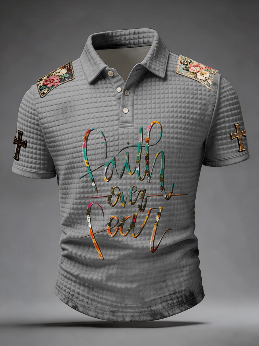 Faith Over Fear Floral Patch Waffle Knit Polo Shirt