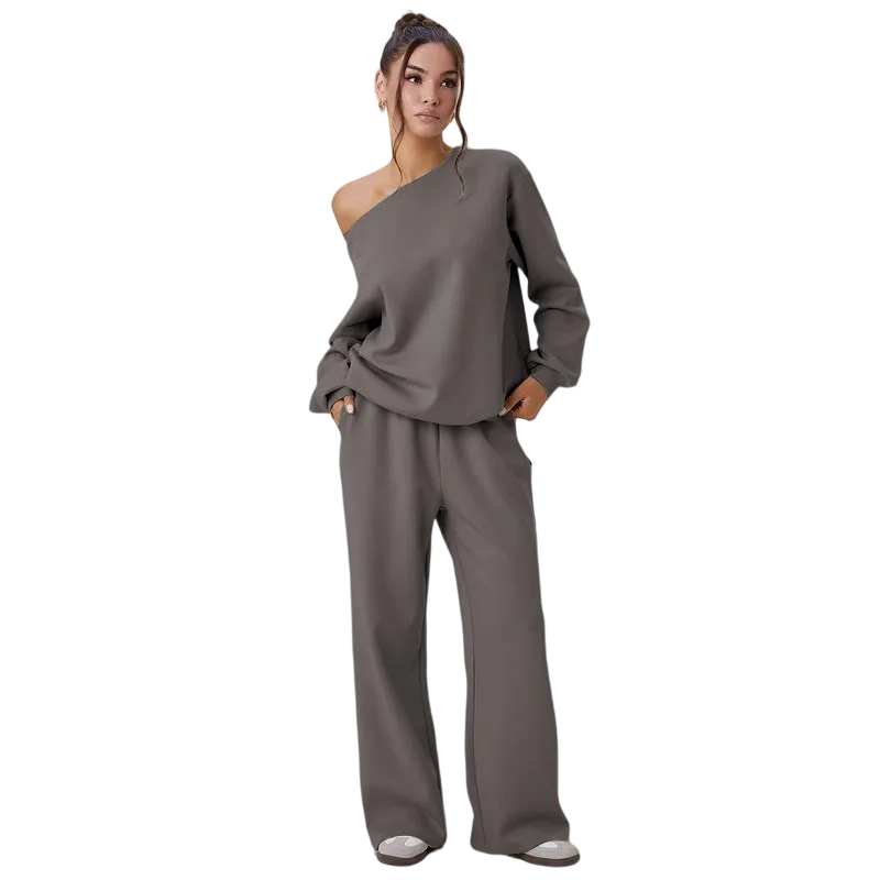 Women's Leisure Solid Color Sloping Shoulder Long Sleeve Top & Wide Leg Trousers Co-ord