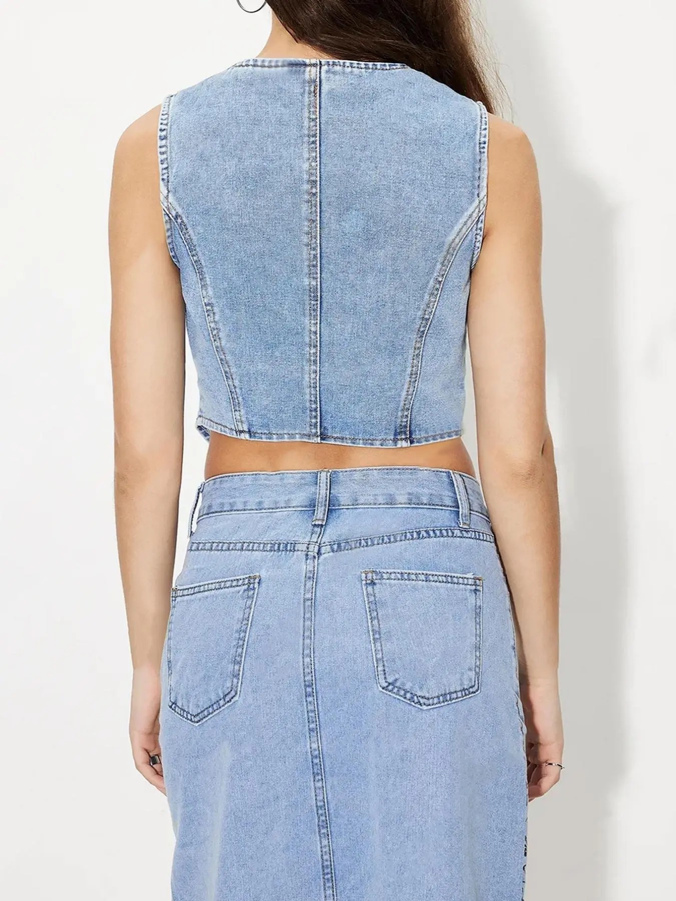 Women's Light Wash Denim Vest – Button Fly V Neck Sleeveless Tank Top