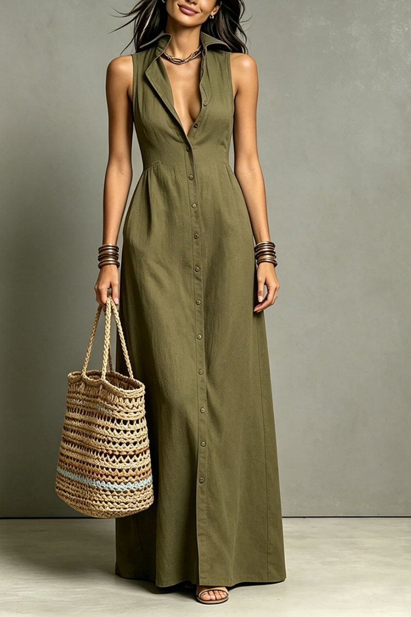 Women'S Minimalist Linen-Blend Collared Single-Breasted Sleeveless Maxi Shirt Dress