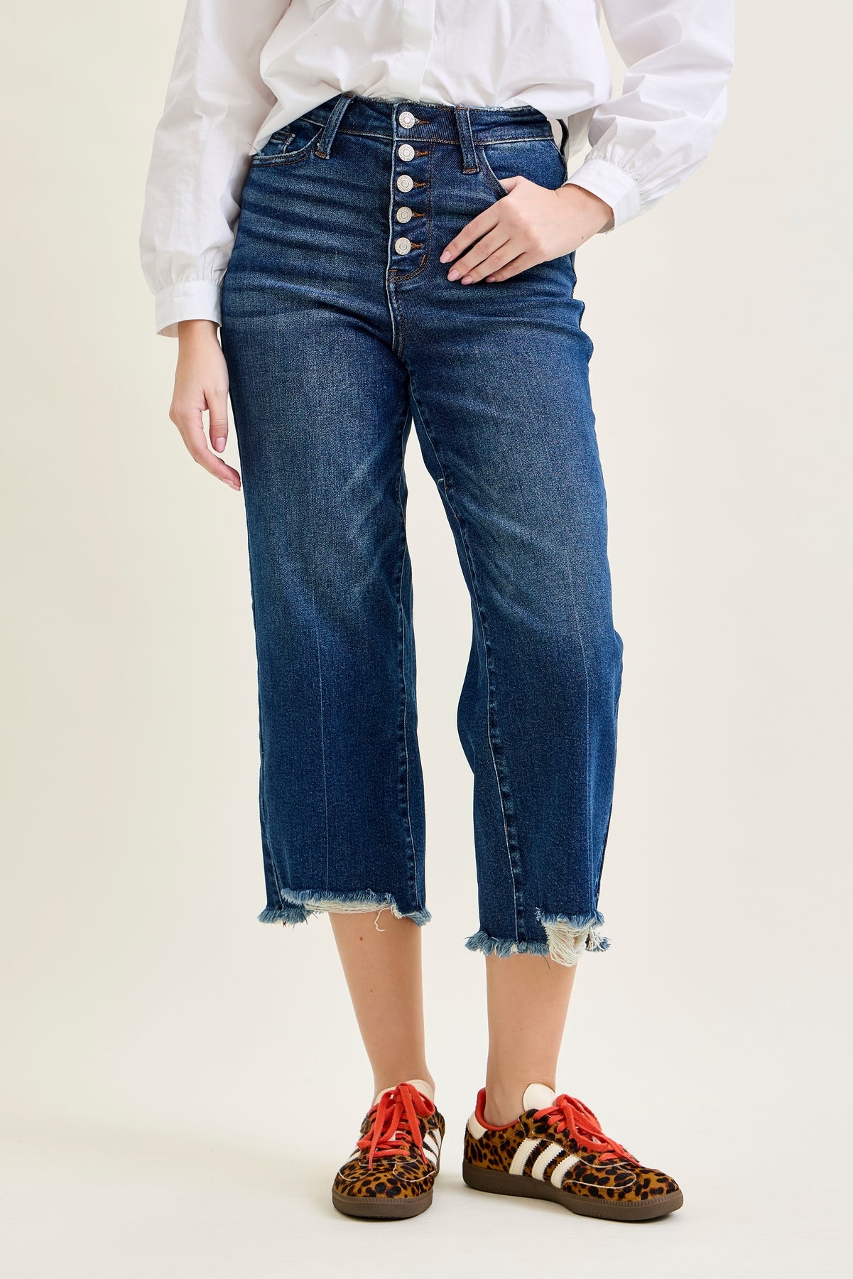 Dottie Button Fly Distressed Hem Crop Wide
