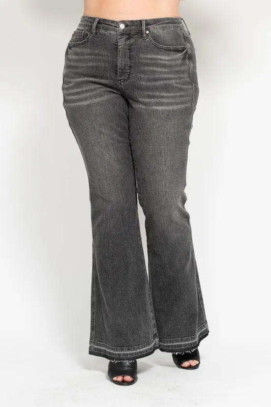 Blue Full Size Midi Rise Tummy Control Washed Gray Release Hem Flare Jeans Plus Size