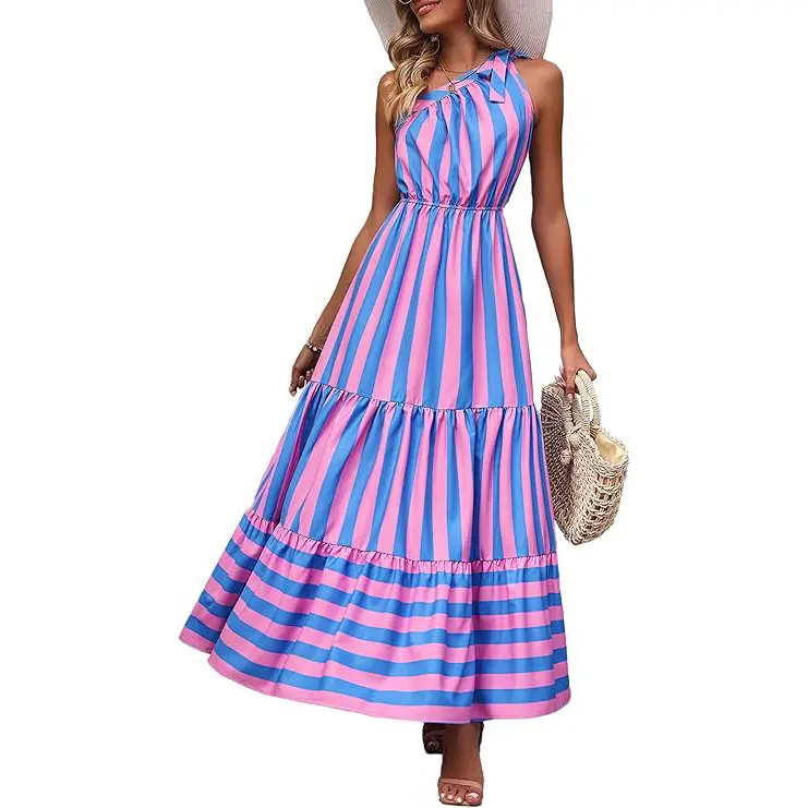 PrettyGarden Boho Chic Floral Maxi Dress - One Shoulder, Ruffle, Sleeveless, Flowing Summer Beach Wedding Guest Dress- Womenswear