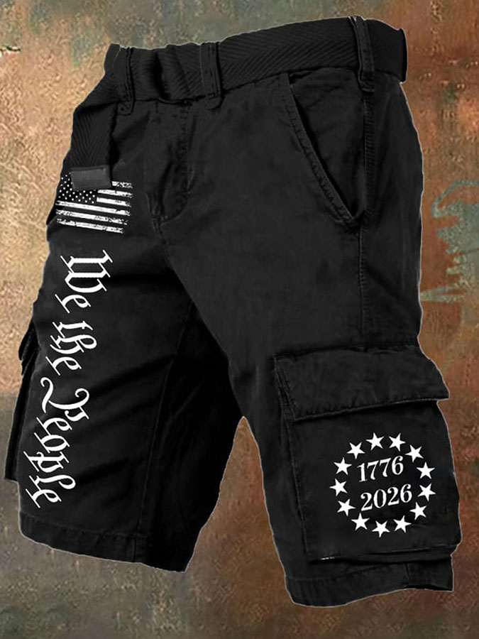 Men'S Retro American Independence Day Printed Workwear Shorts (Excluding Waistband)