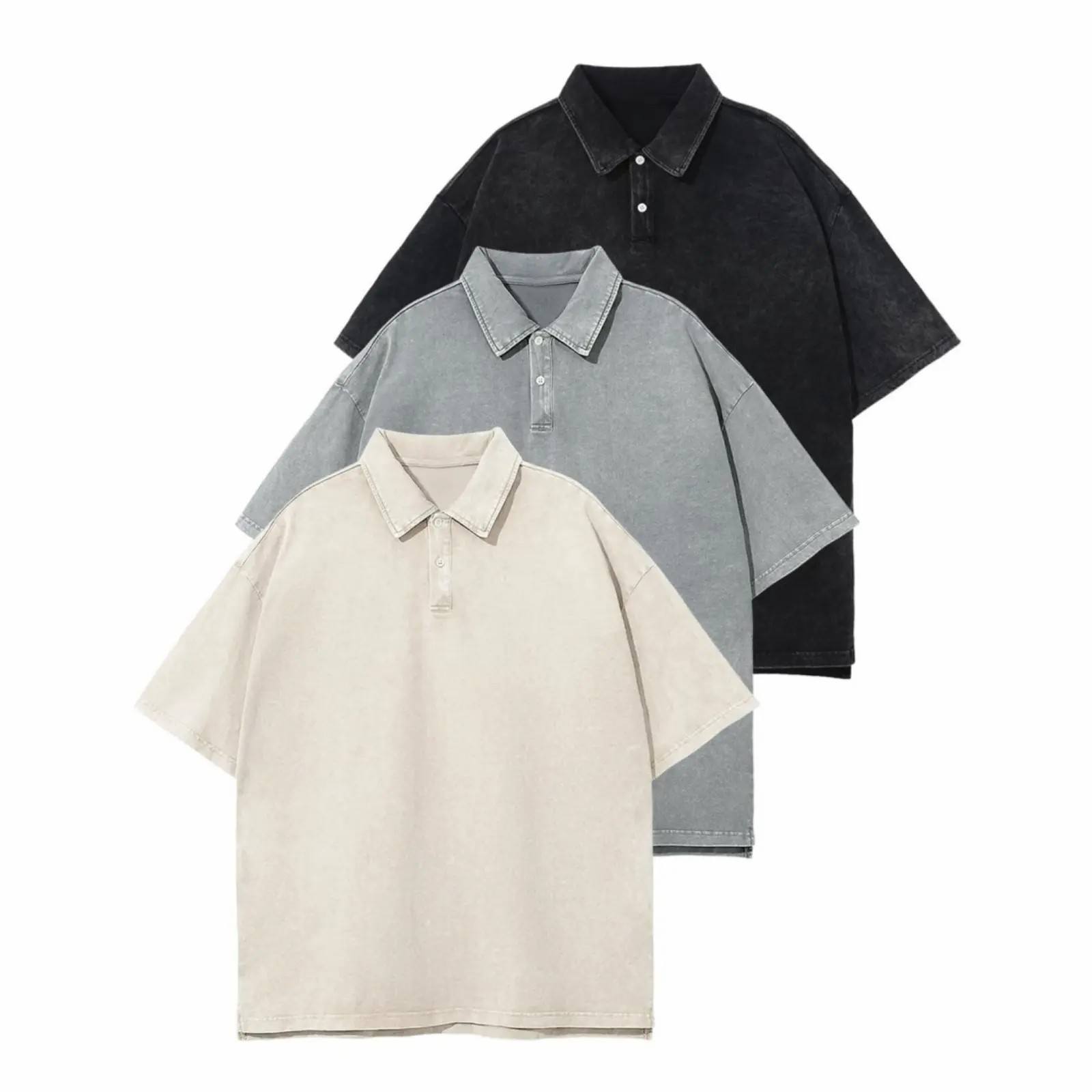 Unisex 5-Pack Acid Wash Oversized Polo Shirts – Vintage Cotton Baggy Streetwear Tees