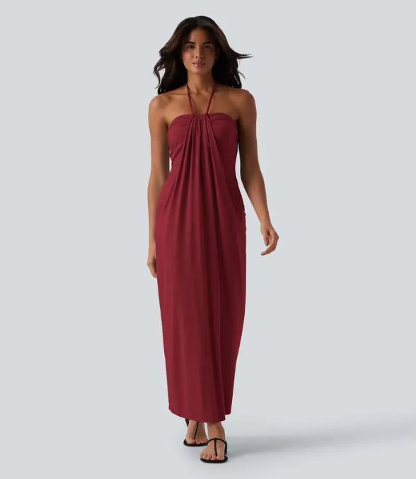 Women's Halter Tie Back Maxi Dress with Pockets
