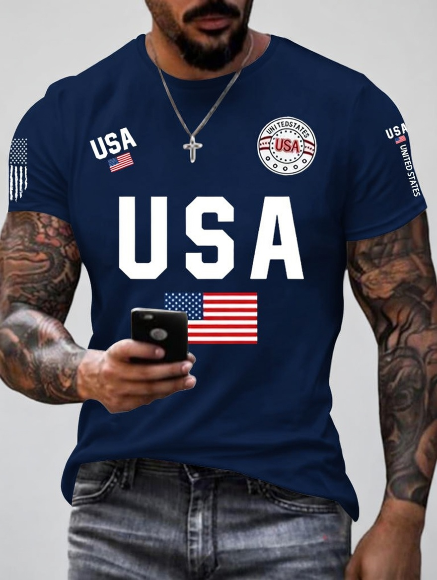 Men'S Classic Short Sleeved T-Shirt With American Flag Print