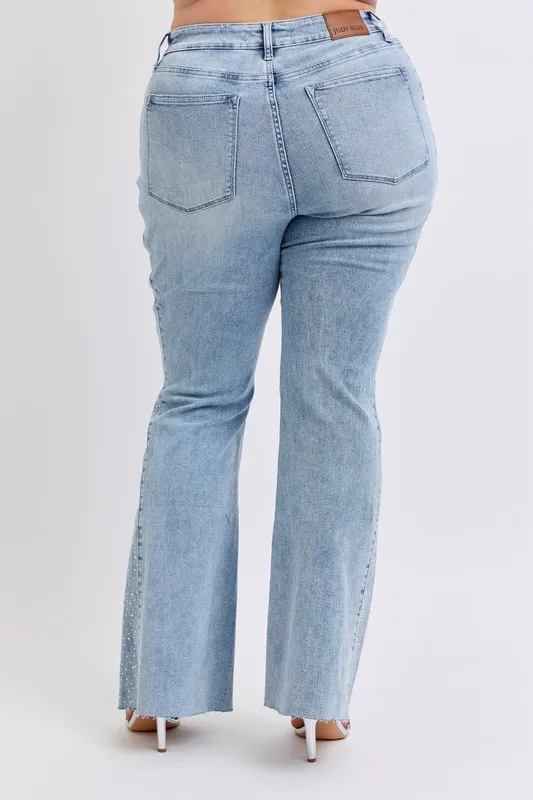 Blue Full Size Midi Rise Rhinestone Side Panel Detail Flare Jeans Plus Size
