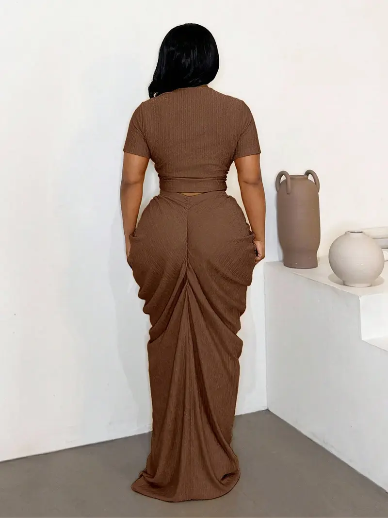 Plus Size Two-Piece Women's Set, Ribbed Short Top & Drawstring Pleated Skirt, Sexy Slim Fit Evening Party Dress