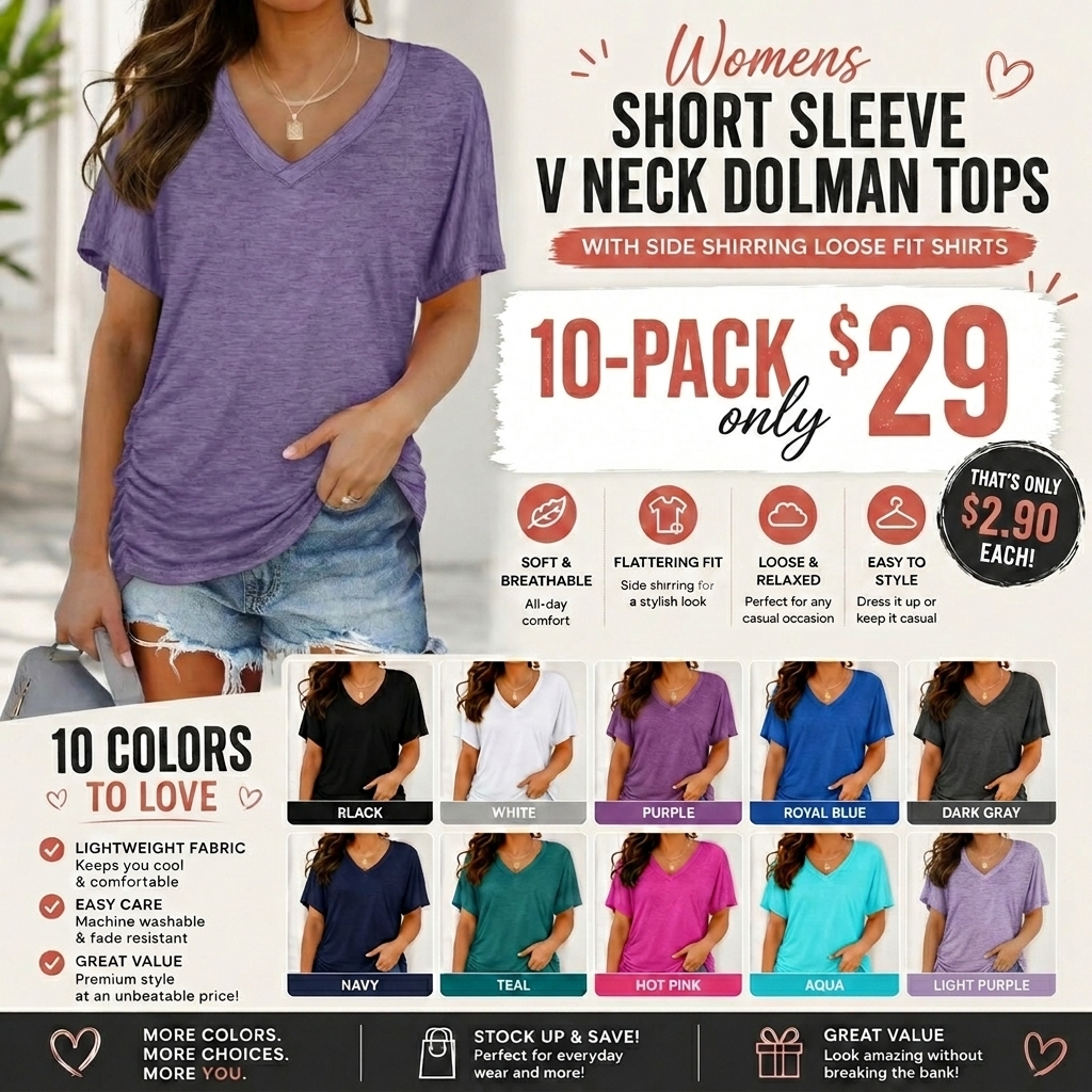 Womens Short Sleeve V Neck Dolman Tops with Side Shirring Loose Fit Shirts