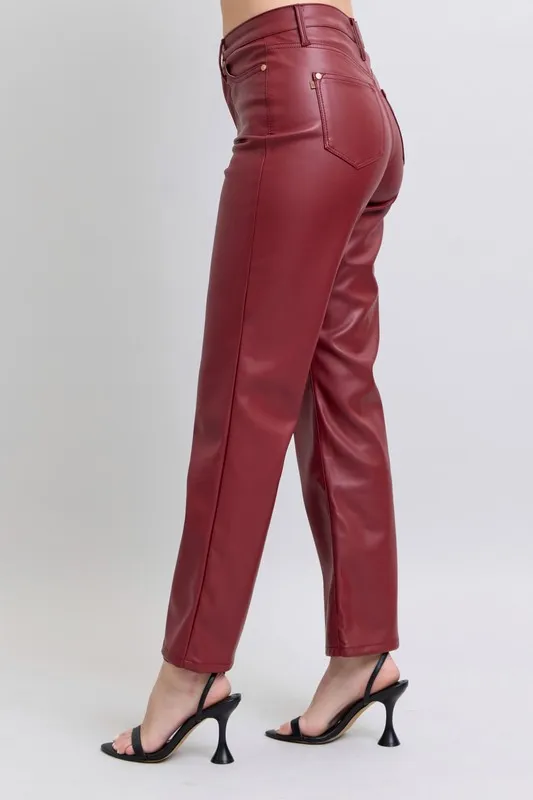 Blue Full Size High Waist Tummy Control Faux Leather Straight Pants Plus Size