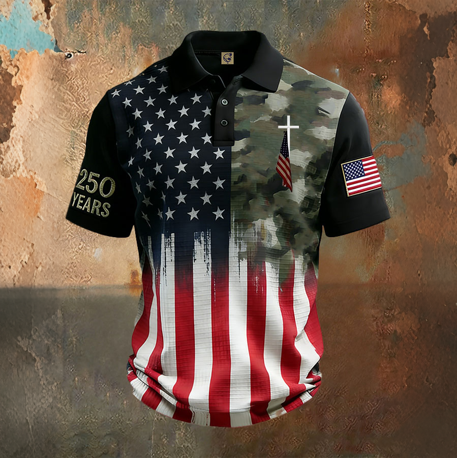 Men'S Independence Day Retro Casual Printed Polo Shirt Short Sleeve