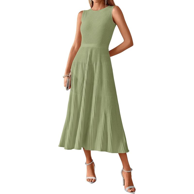 Women's Midi Bodycon Tank Dress Summer Crewneck Rib Knit Sleeveless Pleated Swing A Line Business Casual Dresses