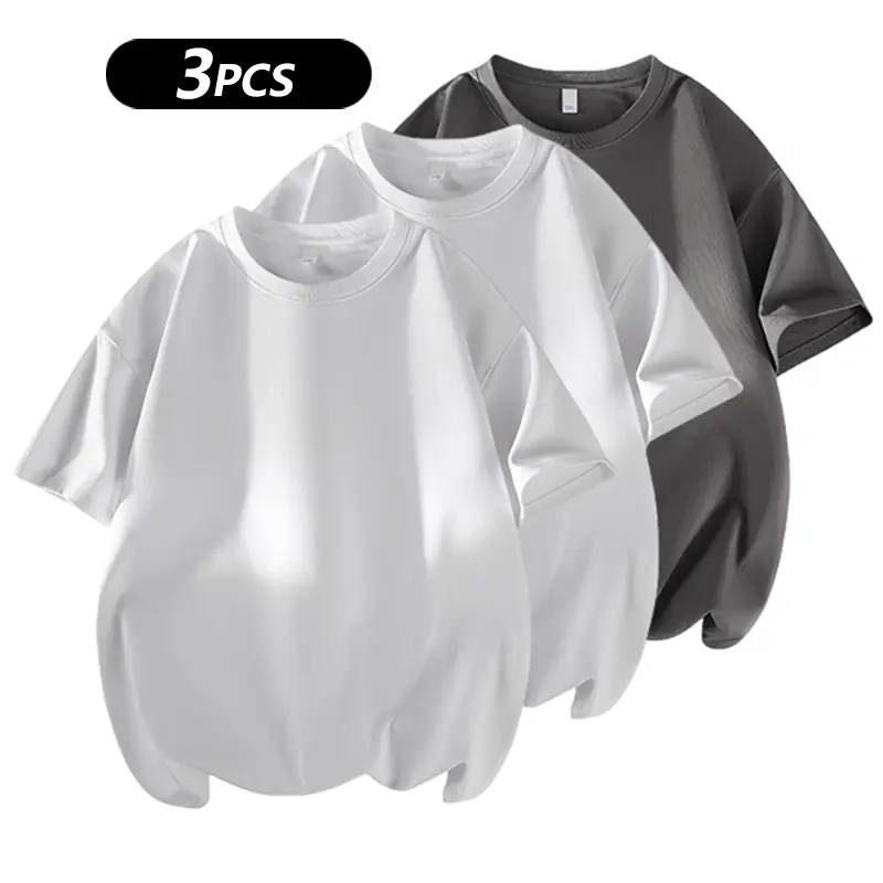 Men's 3PCS 100% cotton Crew Neck T-Shirts Set - Soft Loose Fit Navy Gray Black Tees for Casual Daily Wear