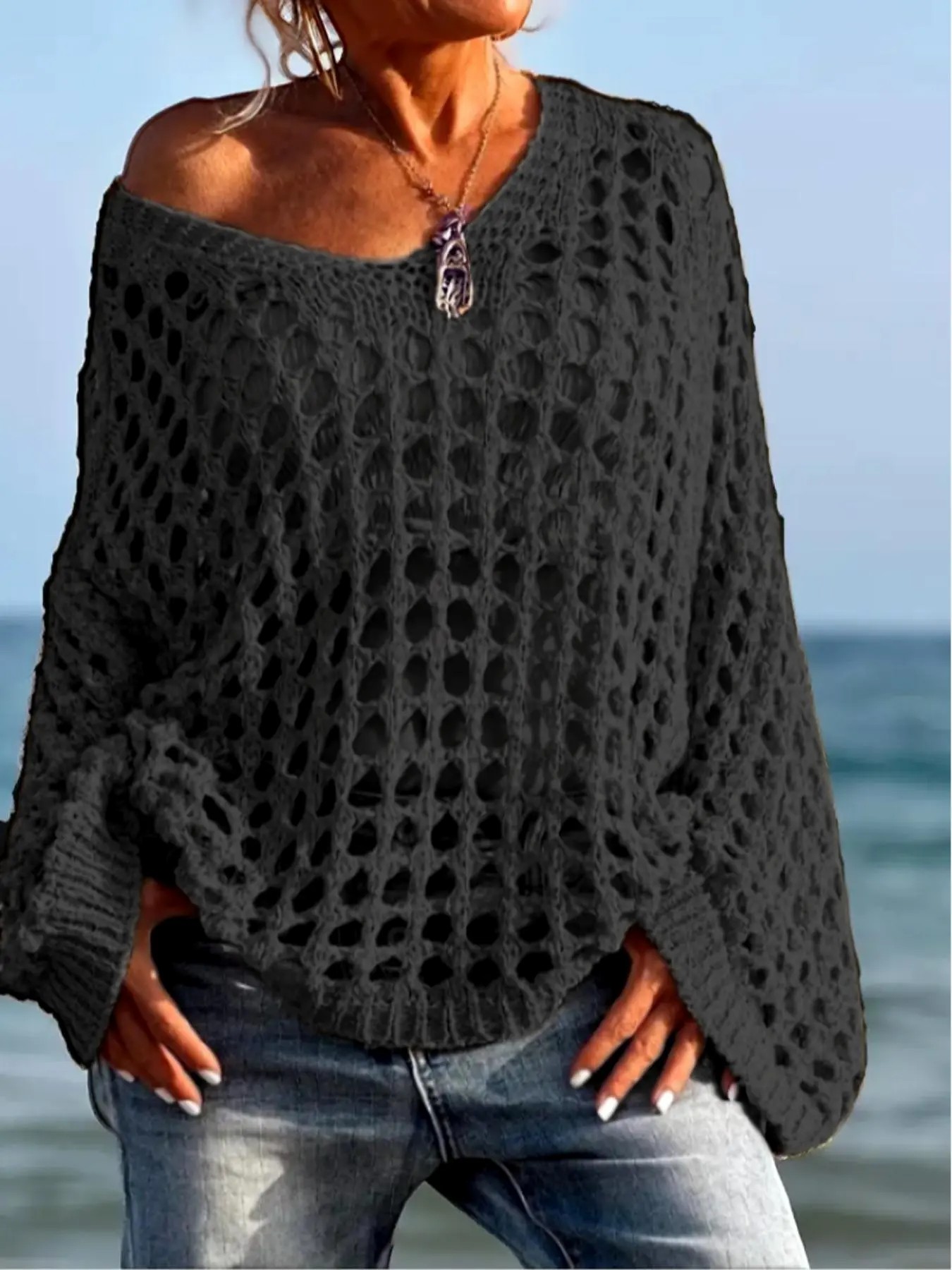 Women’s Casual Loose-Fit V-Neck Knit Top – Hollow Out Design, All-Season Wear
