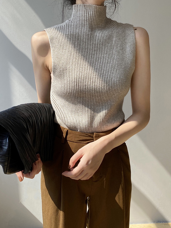 Solid Color Skinny Sleeveless High-Neck Vest Top Knitwear