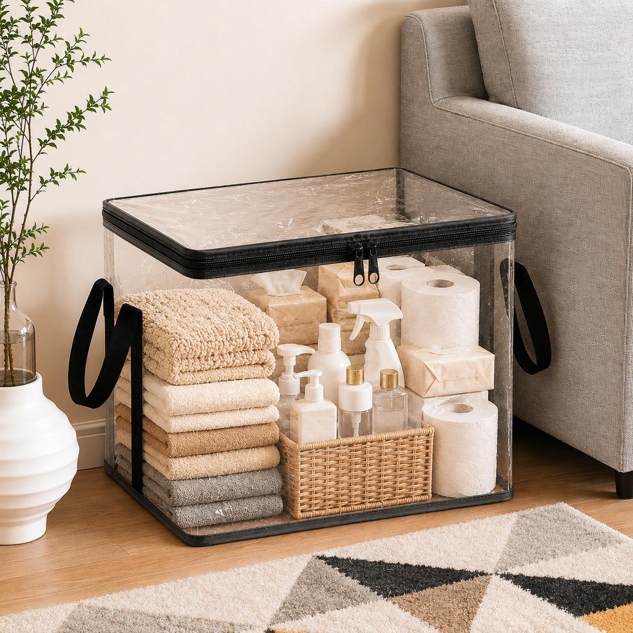 Stuffed Animal Storage PVC Organizer Bag Doll Storage Container Dustproof Box with Carrying Handle for Playroom Living Room Children's Birth, Black