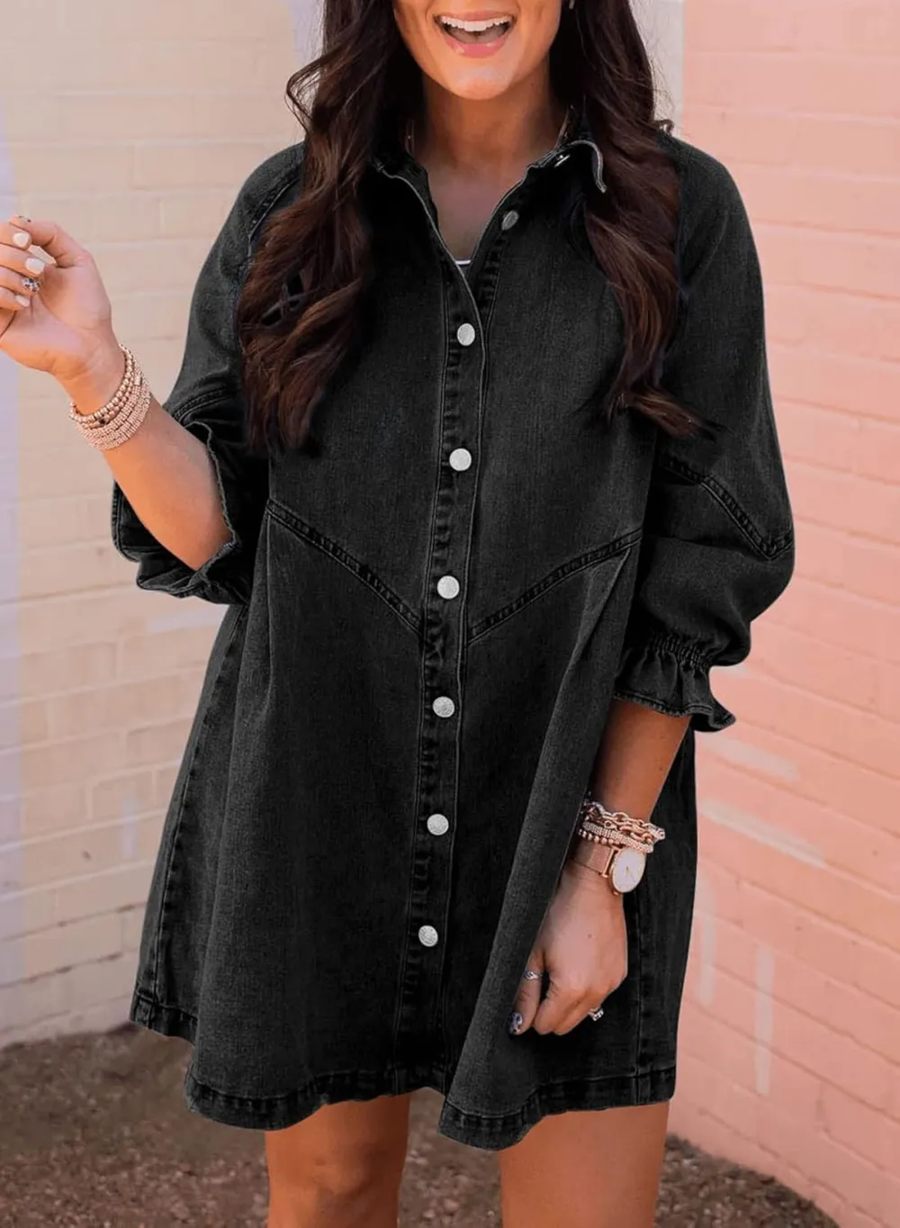 Washed Denim Puff Sleeve Mini Dress – Short-Length Collared Button Down with Ruffle Hem & Matte Silver Buttons