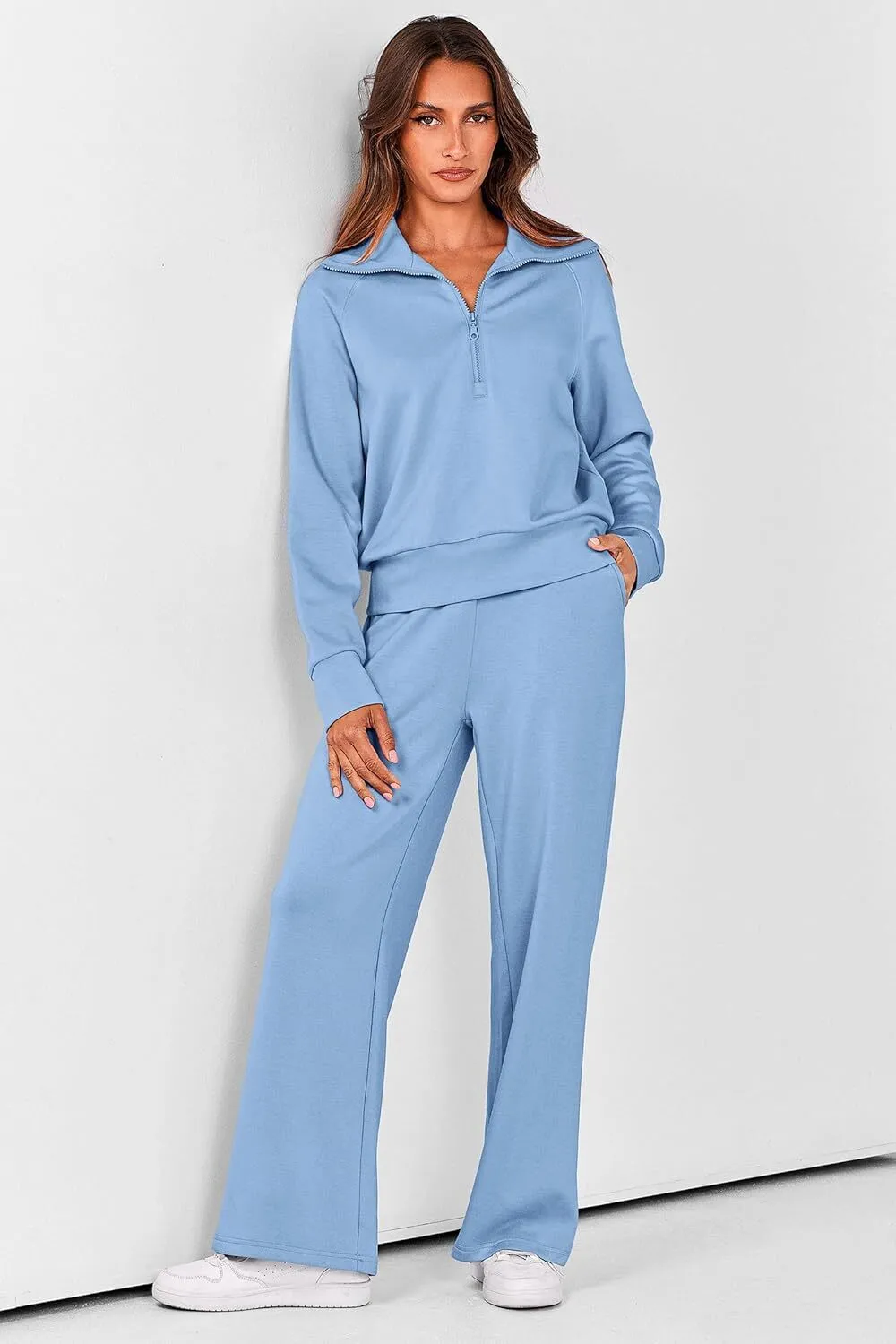 🔥Final Day Clearance!🛒Women's 2 Piece Outfits Casual Lapel Half Zip Sweatshirts And Wide Leg Pants Tracksuit Sets🔥8-PACK ONLY $28🔥