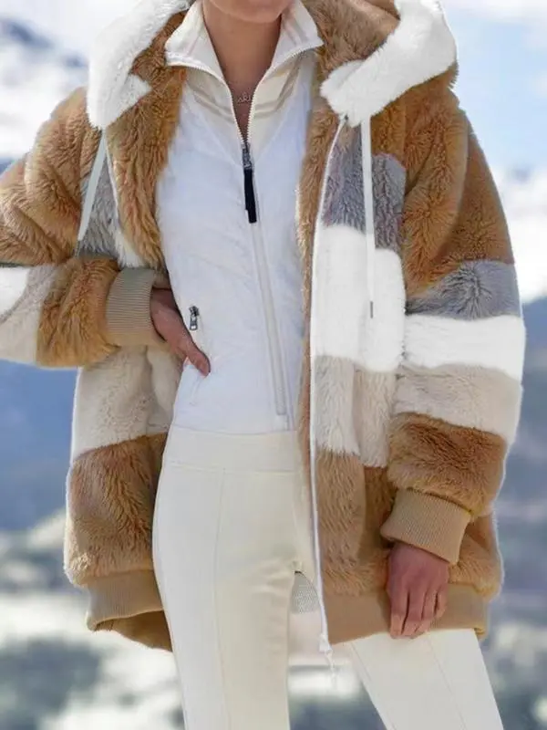 Women's Colorblock Drop Shoulder Hooded Polar Fleece Coat