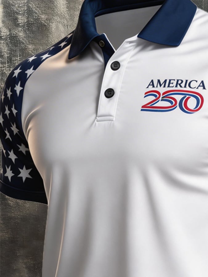 Men's Retro Patriotic Color-Block Short-Sleeve Polo Shirt