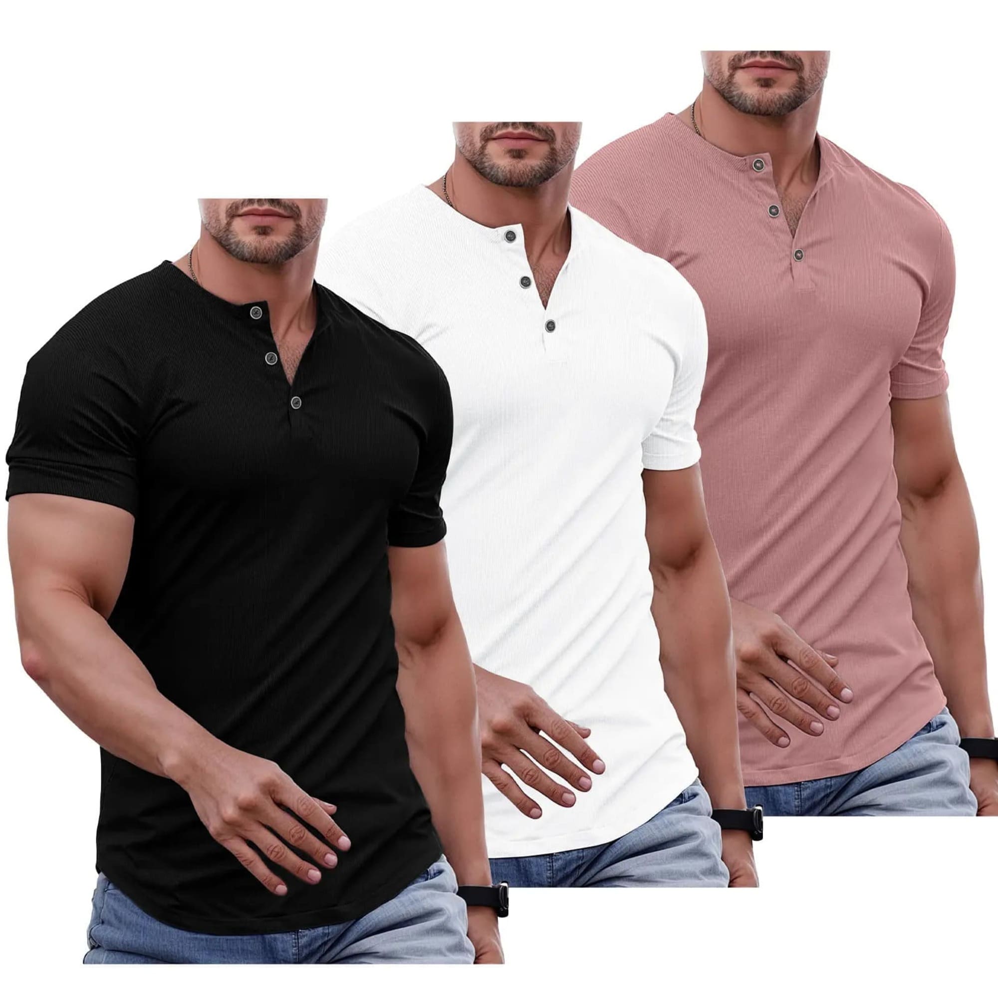 Men's Plain Muscle Slim Fitted Henley Shirts Crewneck Longline T-Shirt Gym Workout Athletic Shirt Tees