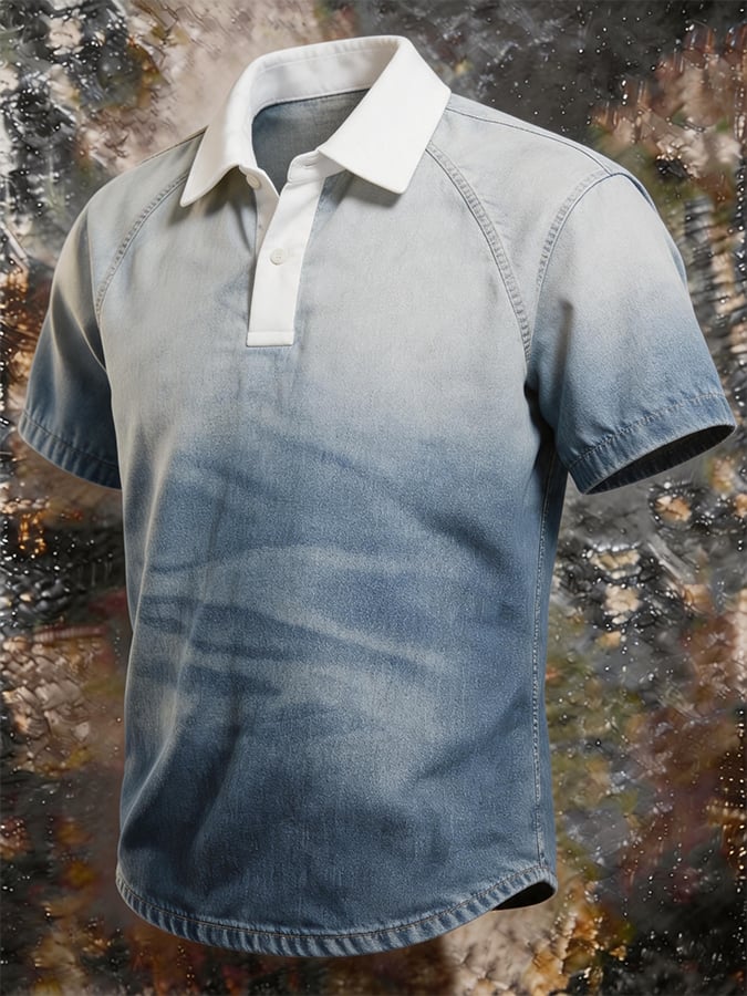 Men's Ombre Gradient Washed Denim Polo Shirt, Contrast White Rib Collar Raglan Short Sleeve Casual Streetwear Retro Pullover Top