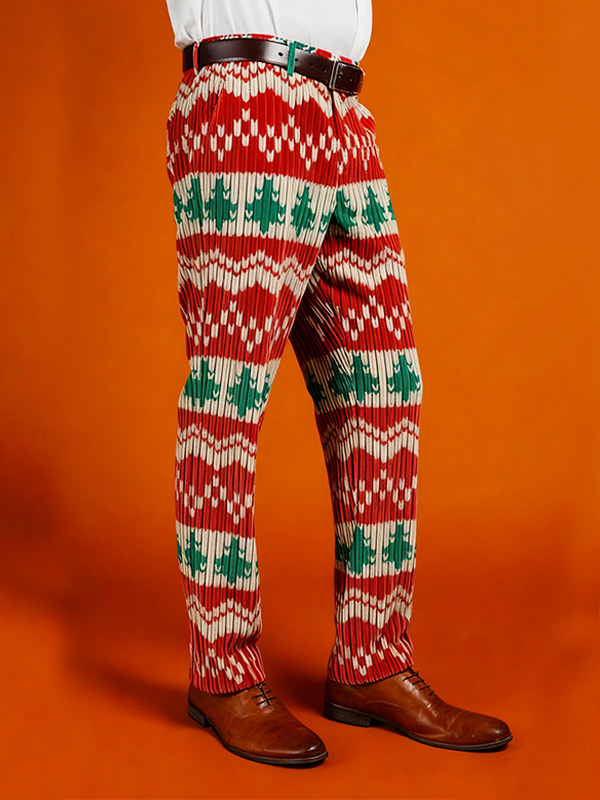 Men's Christmas Tree Colorblock Print Corduroy Pants