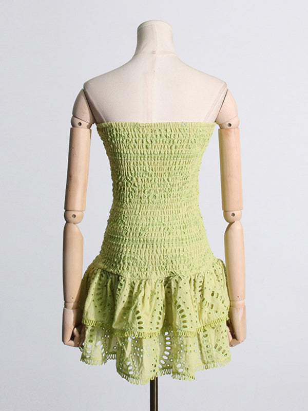 Embroidered Tube Top Dress With Hollow Ruffles And Stitching Design A-Line Skirt