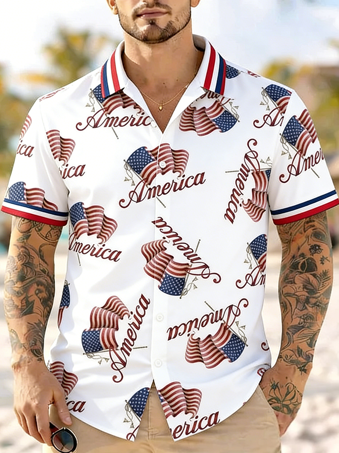 Men'S Casual American Flag Art Print Hawaiian Shirt