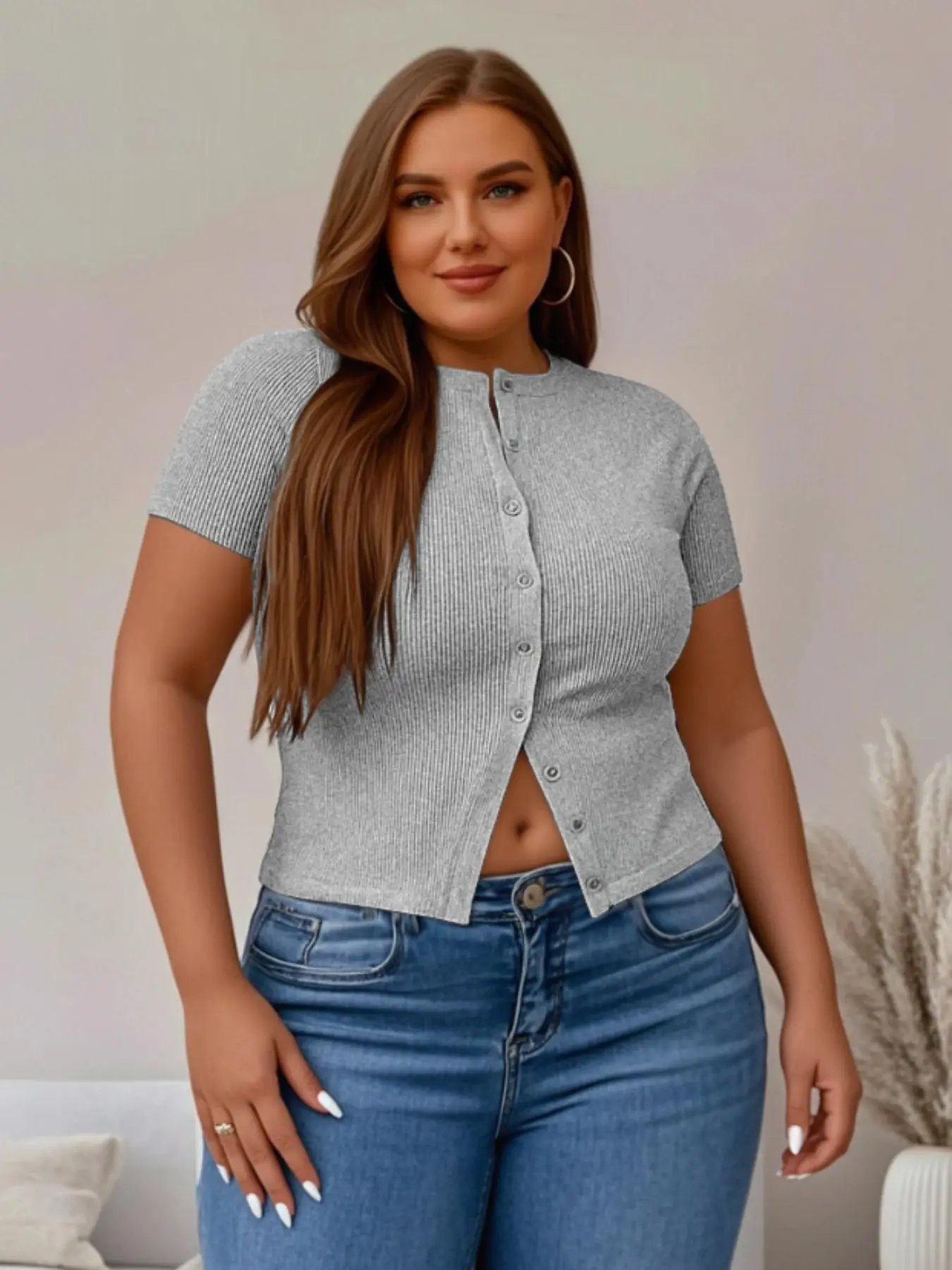 【Plus Size】 Solid Ribbed Short Sleeve Top, Casual Button Front Top for Summer, Women's Plus Clothing for Daily Wear