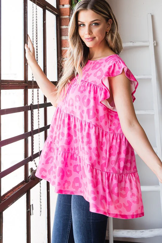Tiered Leopard Round Neck Blouse with Ruffled Detail