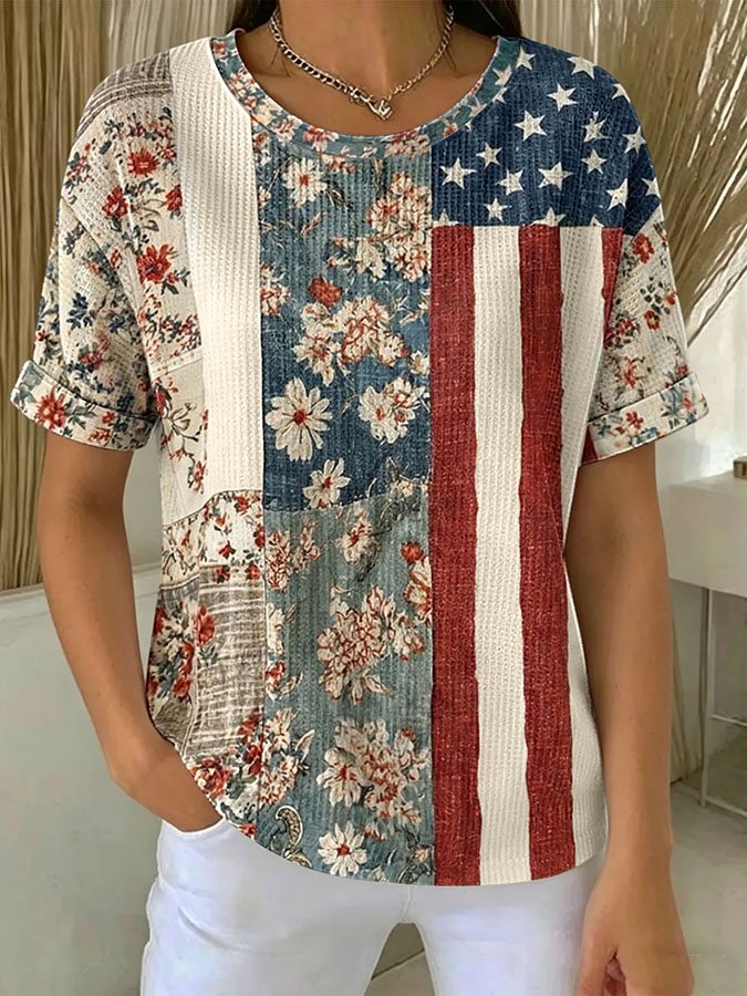 Women'S Casual Waffle National Flag Floral Print Round Neck Short Sleeved T-Shirt