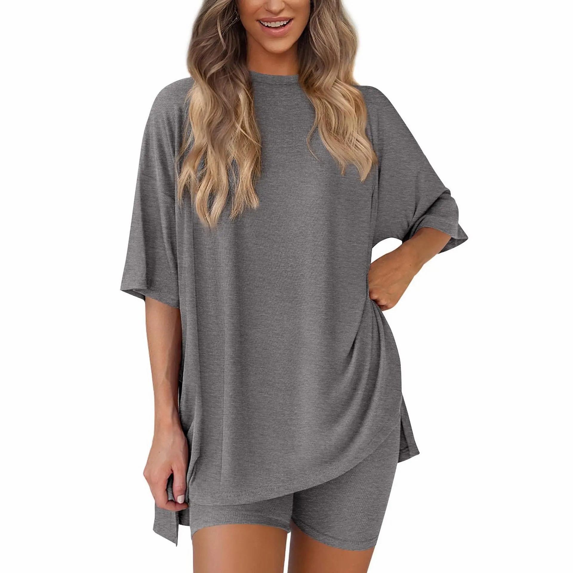 Crewneck Two-Piece Set For Women Summer Casual Oversized Split Hem Shirts & Side Pocket Biker Shorts