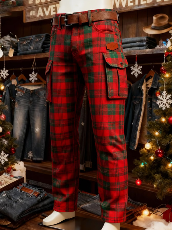 Men's Christmas Plaid Print Casual Denim-Like Pants
