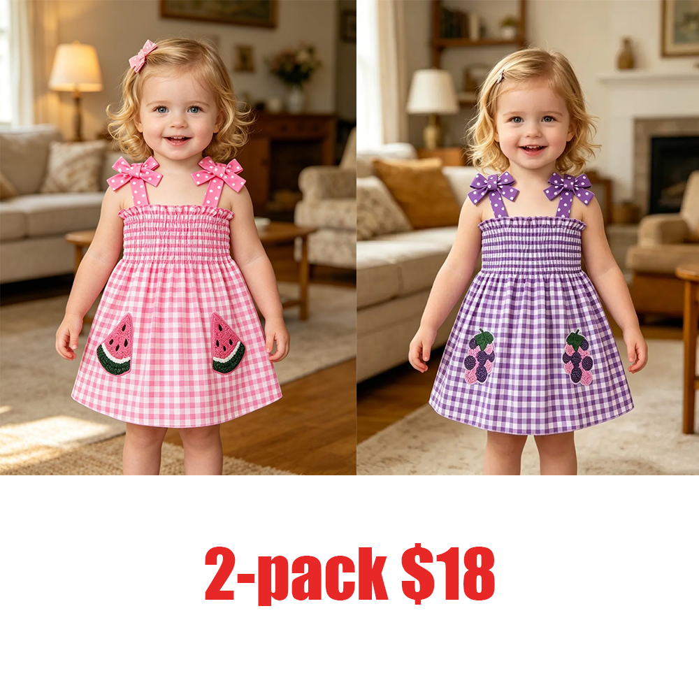 🌞 Cute & Sweet Summer Set for Girls! Plaid & Fruit Prints, Bow Shoulder Straps, 4-Piece Versatile Kids' Outfit for Summer Fun! 👗🍉