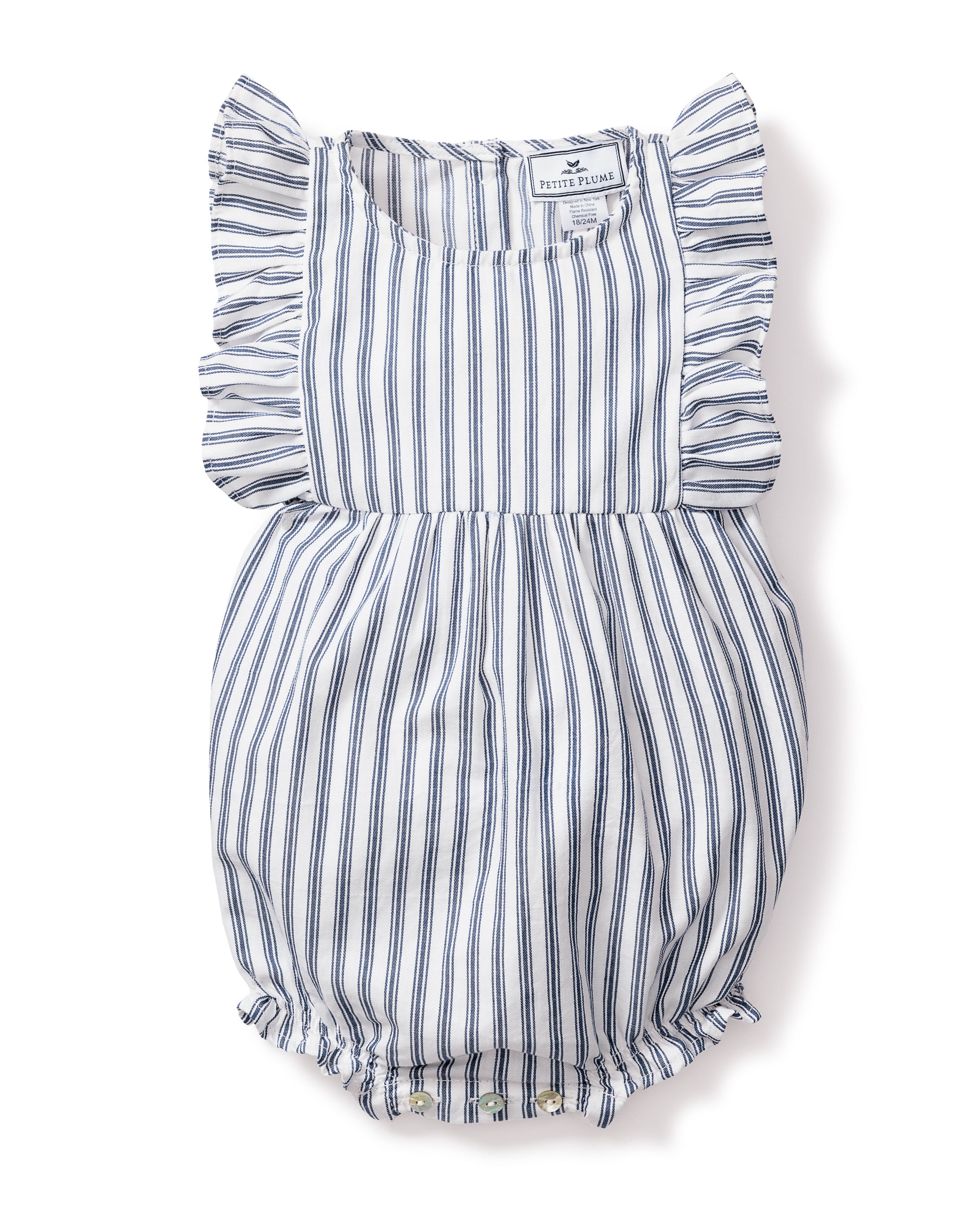 Baby's Twill Ruffled Romper in Navy French Ticking