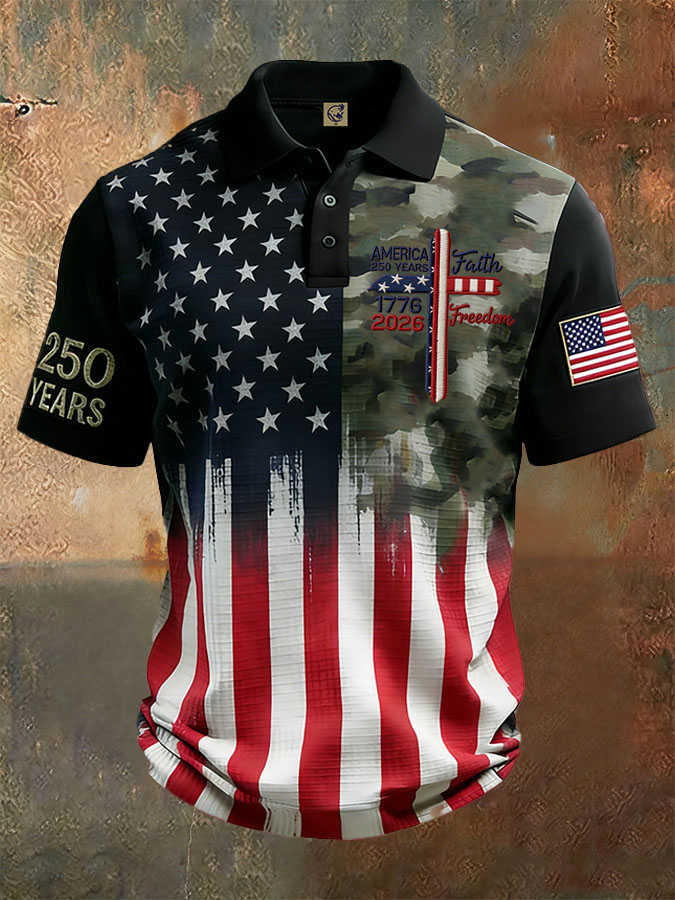 Men'S Independence Day Retro Casual Printed Polo Shirt Short Sleeve