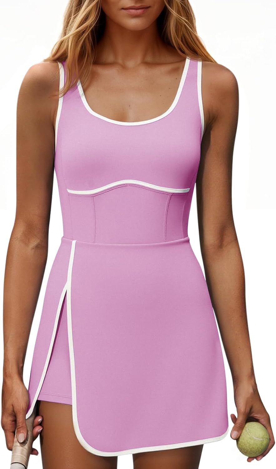 Womens Workout Tennis Dress with Built-in Bra & Shorts Pockets Sleeveless Cutout Golf Athletic Mini Dresses