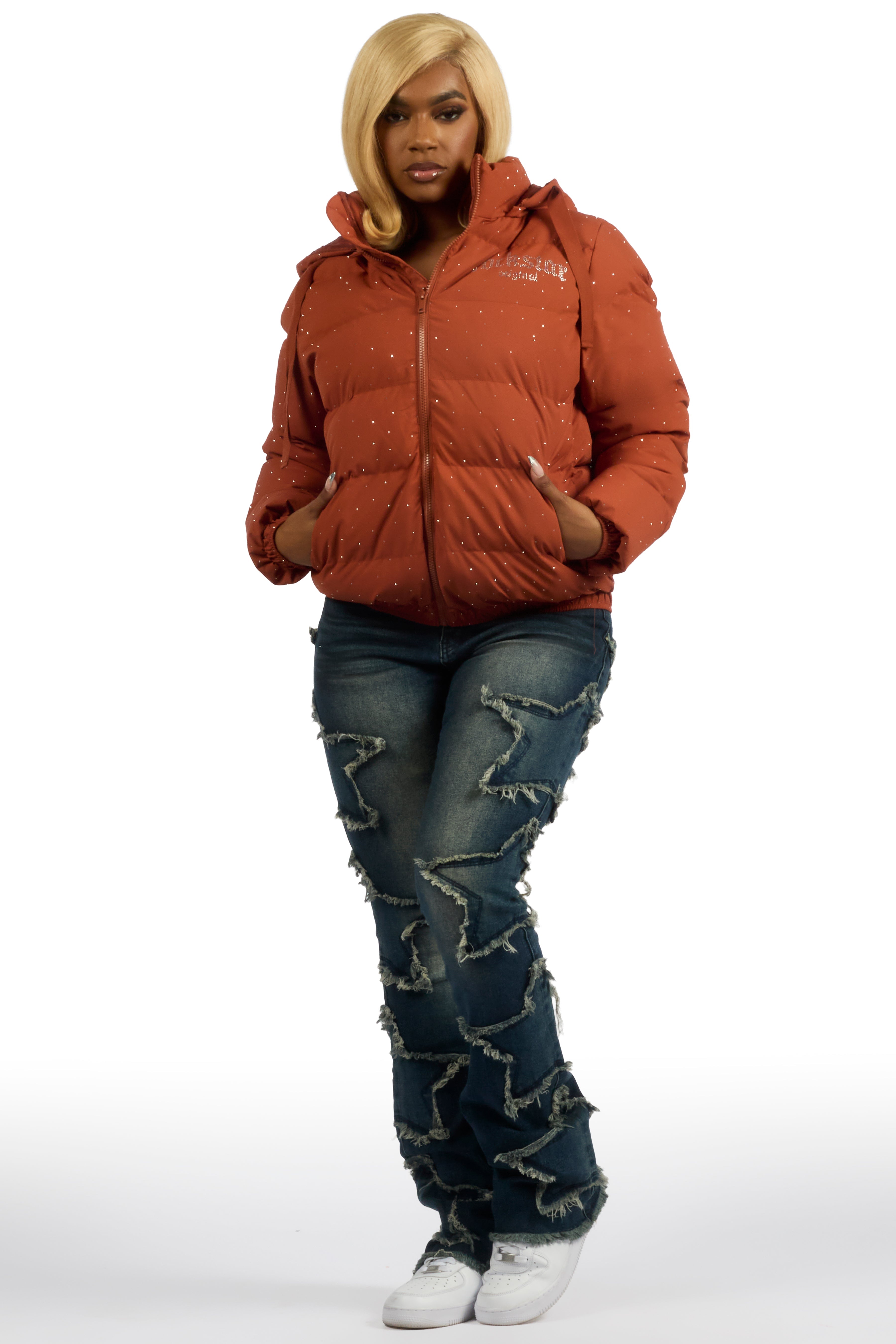Onellia Mocha Rhinestone Puffer Jacket