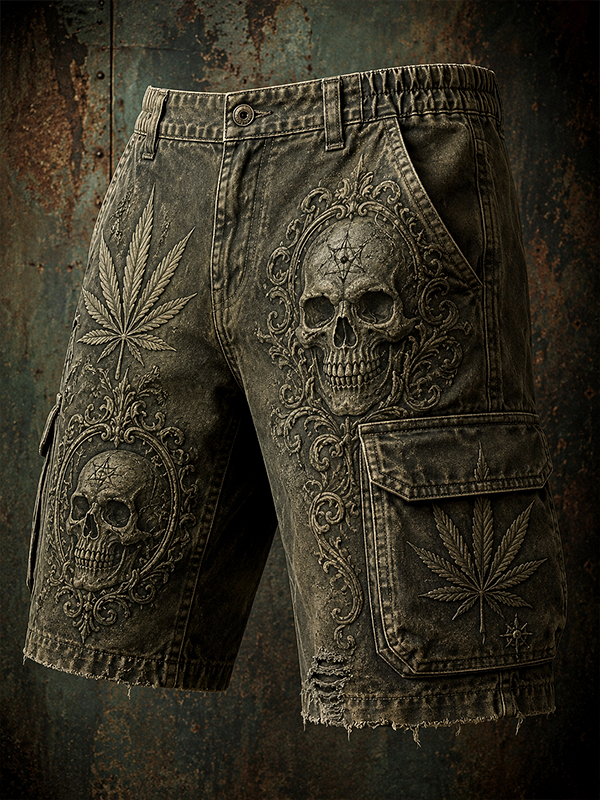 Men's Dark Art Skull and Leaf Print Cargo Shorts